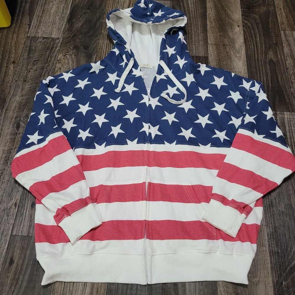 Easel White USA Flag Print Terry Knit Oversized Hoodie Size Medium Patriotic